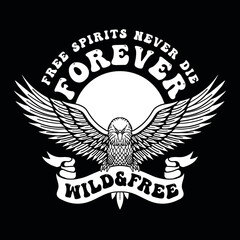 Black and White Vector Eagle Illustration with Open Wings and Slogan Artwork on Black Background