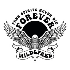 Black and White Vector Eagle Illustration with Open Wings and Slogan Artwork on White Background