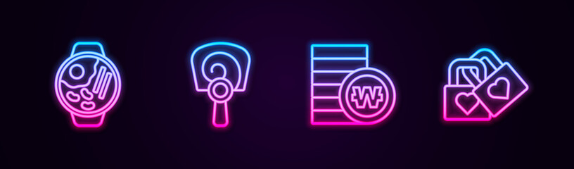 Set line Ramen, Korean hand fan, South won coin and Lock with heart. Glowing neon icon. Vector