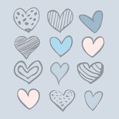 Set of twelve hand-drawn hearts isolated on a white background