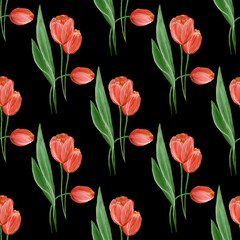 Obraz premium Floral seamless pattern with red realistic tulips and green leaves on a black background. Spring flowers. Watercolor illustration. For textiles, postcards, packaging.
