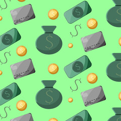 Money rain flat cartoon Seamless pattern. Green paper notes and gold coin flying in air.