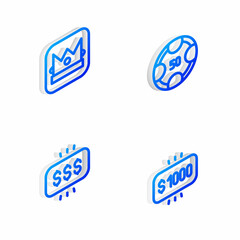 Set Isometric line Casino chips, King playing card, Money prize casino and icon. Vector