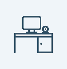 Simple line icon stroke of a computer monitor on a desktop with camera, vector illustration