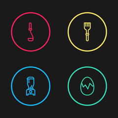 Set line Blender, Broken egg, Fork and Kitchen ladle icon. Vector