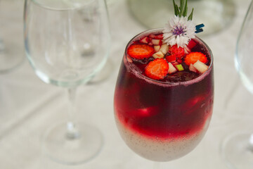 Laid table with vegetables, salads and drinks. Festive table with food. Elegant meal