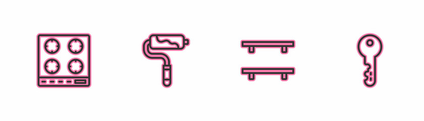 Set line Gas stove, Empty wooden shelves, Paint roller brush and House key icon. Vector