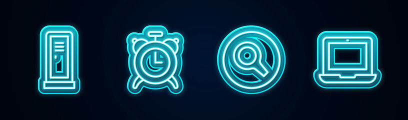 Set line Locker or changing room, Alarm clock, Magnifying glass and Laptop. Glowing neon icon. Vector