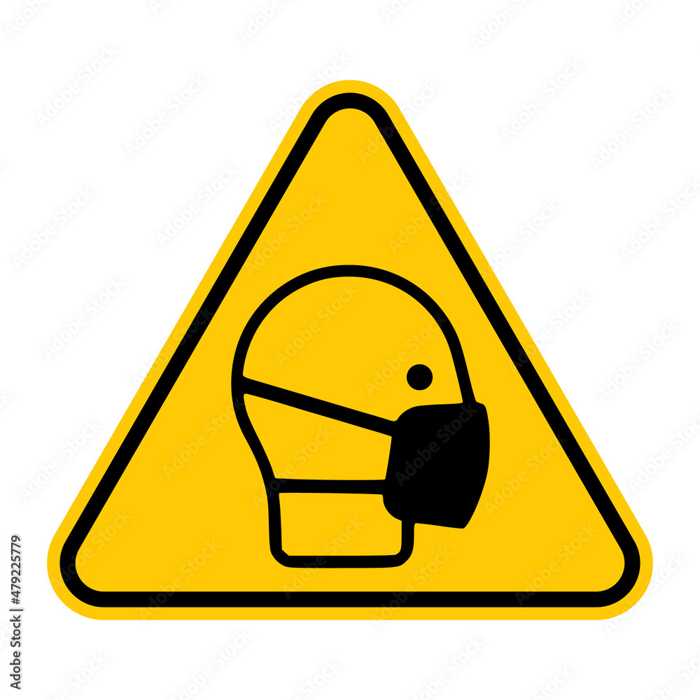 Wall mural wear face mask warning sign. vector illustration of yellow triangle sign with headwear face mask ico