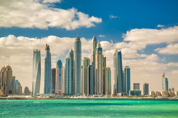 Fototapeta na wymiar Dubai Marina panoramic skyline from Palm Jumeirah.