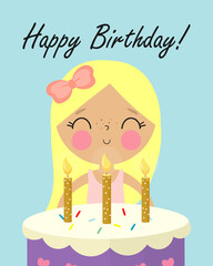 Birthday Party, Greeting Card, Party Invitation. Illustration with Cute Girl and Birthday Cake with Candles. Vector illustration.