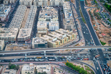 DUBAI, UAE - DECEMBER 10, 2016: Helicopter viewpoint on Downtown Dubai road intersections.