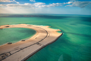 Aerial view of Dubai small island from helicopter.