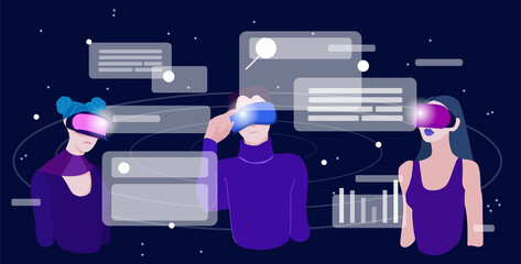 Group of people in VR headsets searching and working in virtual reality. Concept of graphics, search and web pages. Modern flat vector illustration.