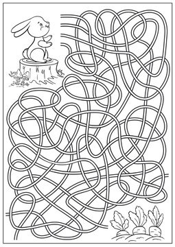 Kids maze game labyrinth activity with cute bunny. Vector puzzle and education fun. Coloring actives worksheet and riddle for children.