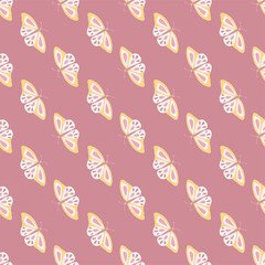 Seamless pattern with butterfly in diagonal row on dust rose background.