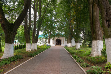Alexandrov, Russia - AUGUST 10, 2021. Gateway to the Cathedral of the Life-Giving Trinity in the Alexandrovskaya Sloboda. Museum-reserve 