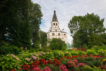Alexandrov, Russia - AUGUST 10, 2021. The crucifixion church-bell tower in the Alexander Sloboda....