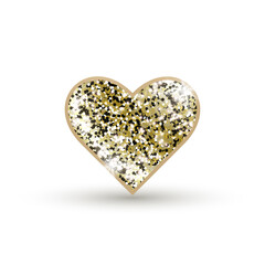 Fototapeta premium 3d icon heart with golden glitter isolated on white background. Shining volumetric heart casts a shadow. Vector illustration
