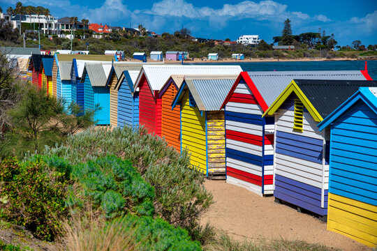 Colorful huts in Brighton Beach on a sunny morning, Australia.