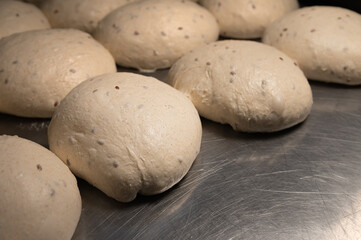 Fototapeta na wymiar Close-up Homemade yeast dough buns for cutlets on a baking sheet. Hamburger buns dough pieces