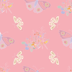 Fototapeta na wymiar Pastel seamless pattern with butterfly and flowers on pink background.