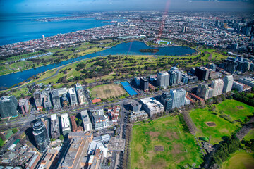 Melbourne coastline and park from helicopter.