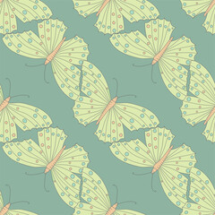 Seamless pattern with butterfly in diagonal row on green background.