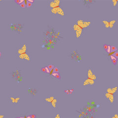 Seamless pattern with butterfly and flowers on purple background.