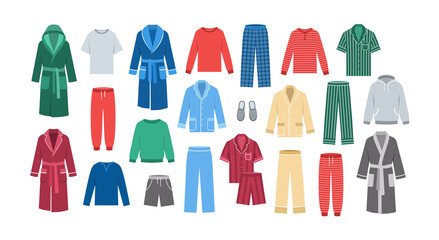 Men home clothes. Flat vector illustration. Comfortable lounge wear, sleepwear garments to wear at home, at bed. Different pants, shirts, shorts, pajamas, bathrobes, sweatshirts, sweatpants, slippers