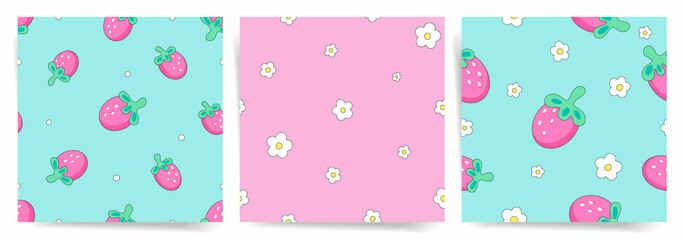 Simple Cute Seamless pattern set with white flowers and pink strawberries. Vector Tile. Decorative background collection.
