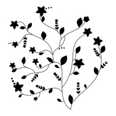 Vector branch with black flowers and leaves