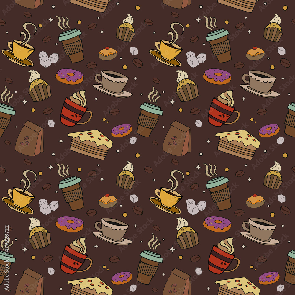 Poster Food and coffee, vector pattern. Seamless and simple pattern with images of coffee shop items.