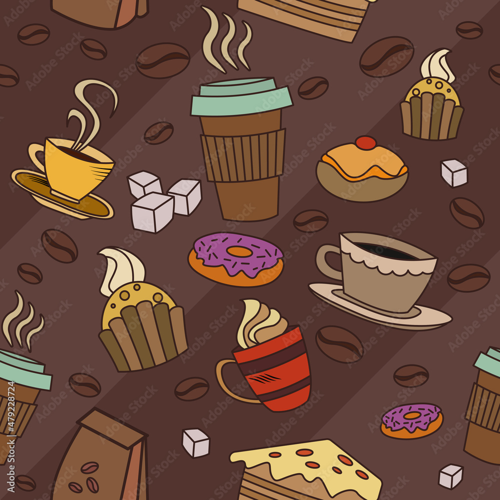 Poster pattern with items from the coffee shop. vector seamless brown pattern with coffee and donuts.