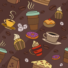 Pattern with items from the coffee shop. Vector seamless brown pattern with coffee and donuts.