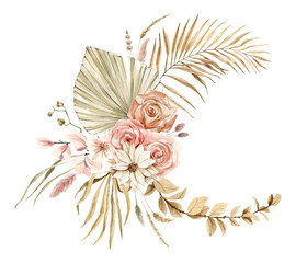 Watercolor boho wreaths. Hand-drawn bohemian arrangement. Dry palm leaves, roses, dried herbs and flowers. pampas grass. for cards, holiday posters, stickers, scrapbooking, wedding invitations
