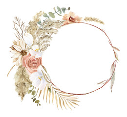 Watercolor boho wreaths. Hand-drawn bohemian arrangement. Dry palm leaves, roses, dried herbs and flowers. pampas grass. for cards, holiday posters, stickers, scrapbooking, wedding invitations - obrazy, fototapety, plakaty