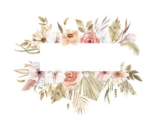 Watercolor boho wreaths. Hand-drawn bohemian arrangement. Dry palm leaves, roses, dried herbs and flowers. pampas grass. for cards, holiday posters, stickers, scrapbooking, wedding invitations