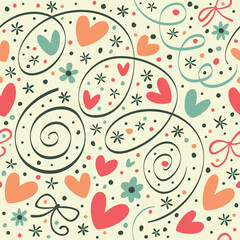 Seamless pattern with hearts, flowers and serpentine.
