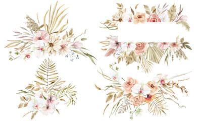 Watercolor boho wreaths. Hand-drawn bohemian arrangement. Dry palm leaves, roses, dried herbs and flowers. pampas grass. for cards, holiday posters, stickers, scrapbooking, wedding invitations