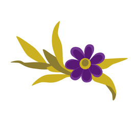 Fototapeta premium Vector illustration of purple flower with green leaves on a white background. Designer floral template for postcards, fabric, printing.