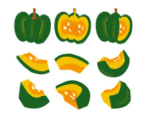 Set of hand drawn pumpkins. Autumn collection. Different pumpkins kinds, halfs and wholes, pumpkin pie.