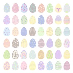 Easter eggs set holiday symbol colorful decorated in pastel tones, flat style vector illustration for spring festive time decor, greeting cards, invitations, banners, web design