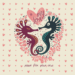 Romantic print with cute seahorses, flowers and hearts.