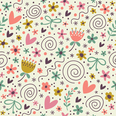 Simple seamless pattern with hearts, flowers and spirals.