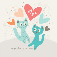 Cute card with kittens and hearts.