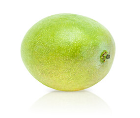 Isolate of green mango on a white background with reflection.