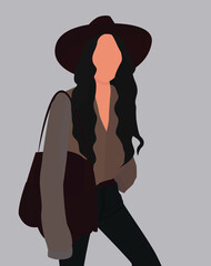 Vector flat image of a young girl with long dark hair. Large brim hat and tote bag. Lady in dark pants and a light blouse. Design for avatars, posters, backgrounds, templates.