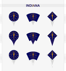 Indiana flag, set of location pin icons of Indiana flag.