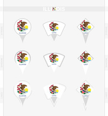 Illinois flag, set of location pin icons of Illinois flag.